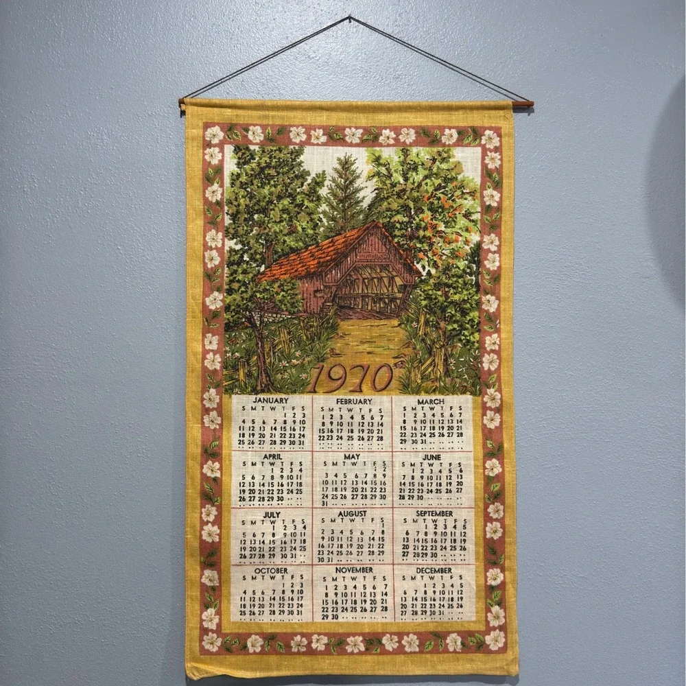Vintage 1970 Linen Calendar Tea Towel Covered Bridge Floral Wall Hanging 16x28